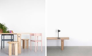 'Orbit' stools and dining table and 'XYT' lamp