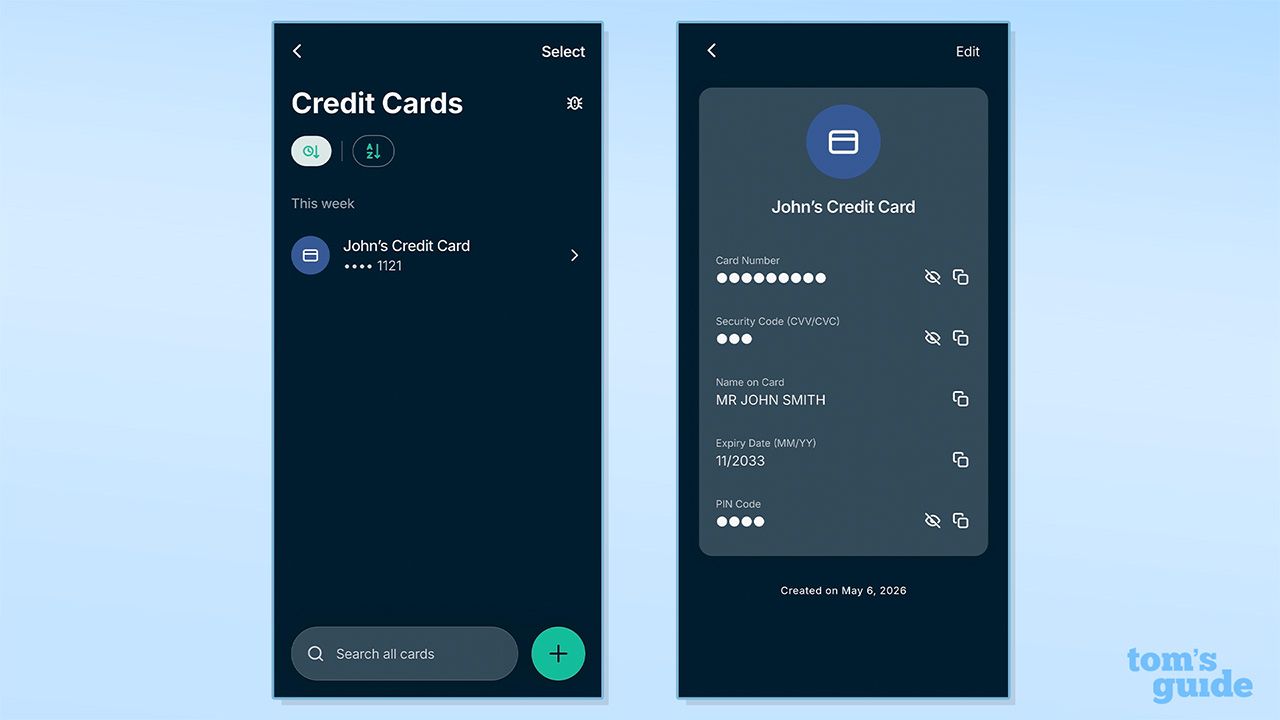Screenshot of ExpressKeys mobile credit card info