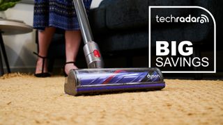 Dyson V8 vacuum with Big Savings graphic overlaid