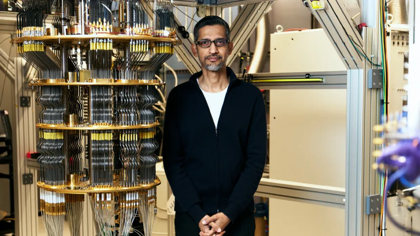 Google&#039;s Sundar Pichai in front of the Willow quantum computer.