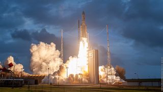 An Ariane 5 rocket lifts off from the Guiana Space Center near Kourou, French Guiana, carrying the Eutelsat Konnect and GSAT-30 communications satellites into orbit.