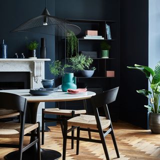 dining area with dark wall and dining table