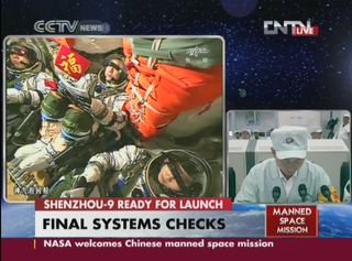 China's Shenzhou 9 spacecraft stands poised for launch on June 16, 2012 in this still from a state-run CCTV broadcast.