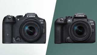 The Canon EOS R7 and Canon EOS R10 DSLR cameras on green backgrounds