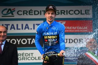 OSIMO ITALY MARCH 11 Primoz Roglic of Slovenia and Team Jumbo Visma Blue Leader Jersey celebrates at podium during the 58th TirrenoAdriatico 2023 Stage 6 a 193km stage from Osimo Stazione to Osimo 252m UCIWT TirrenoAdriatico on March 11 2023 in Osimo Italy Photo by Tim de WaeleGetty Images