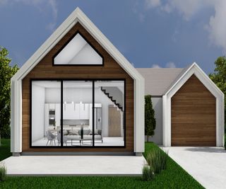3D concept of white rendered house with pitched roof, wood detailing and matching garage to the side