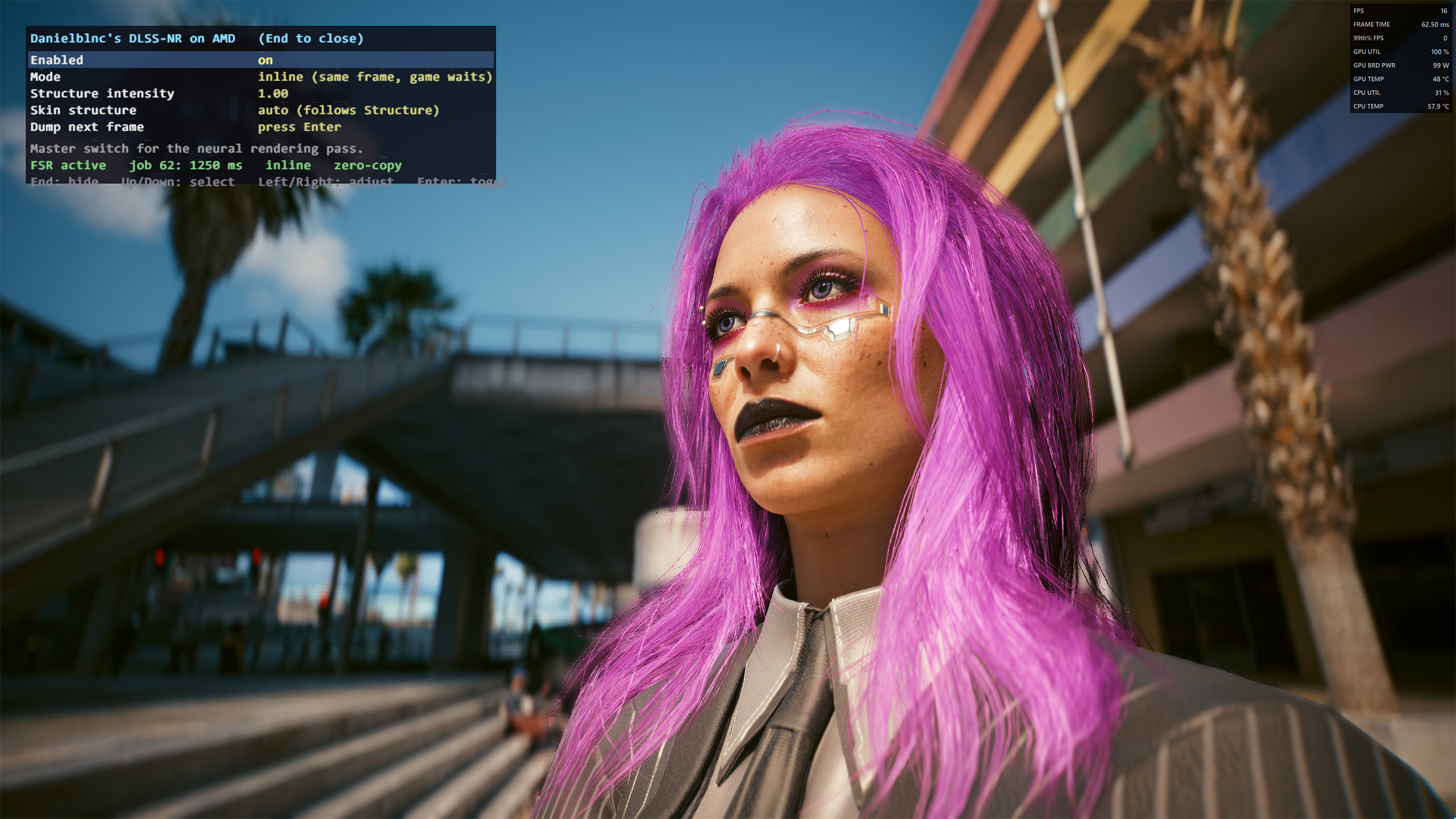Cyberpunk 2077 with DLSS 5 running on an AMD GPU.
