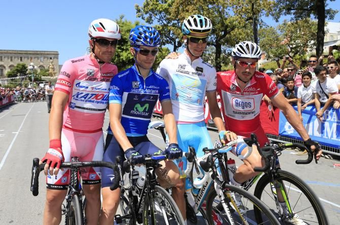 The classification leaders at the start of stage 6 (L-R): Luca Paolini, Giovanni Visconti, Fabio Aru and John Degenkolb