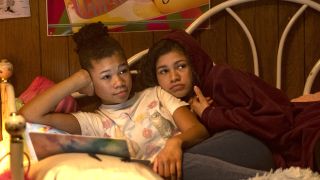 Storm Reid and Zendaya laying on a day bed together in Euphoria Season 1, episode 3