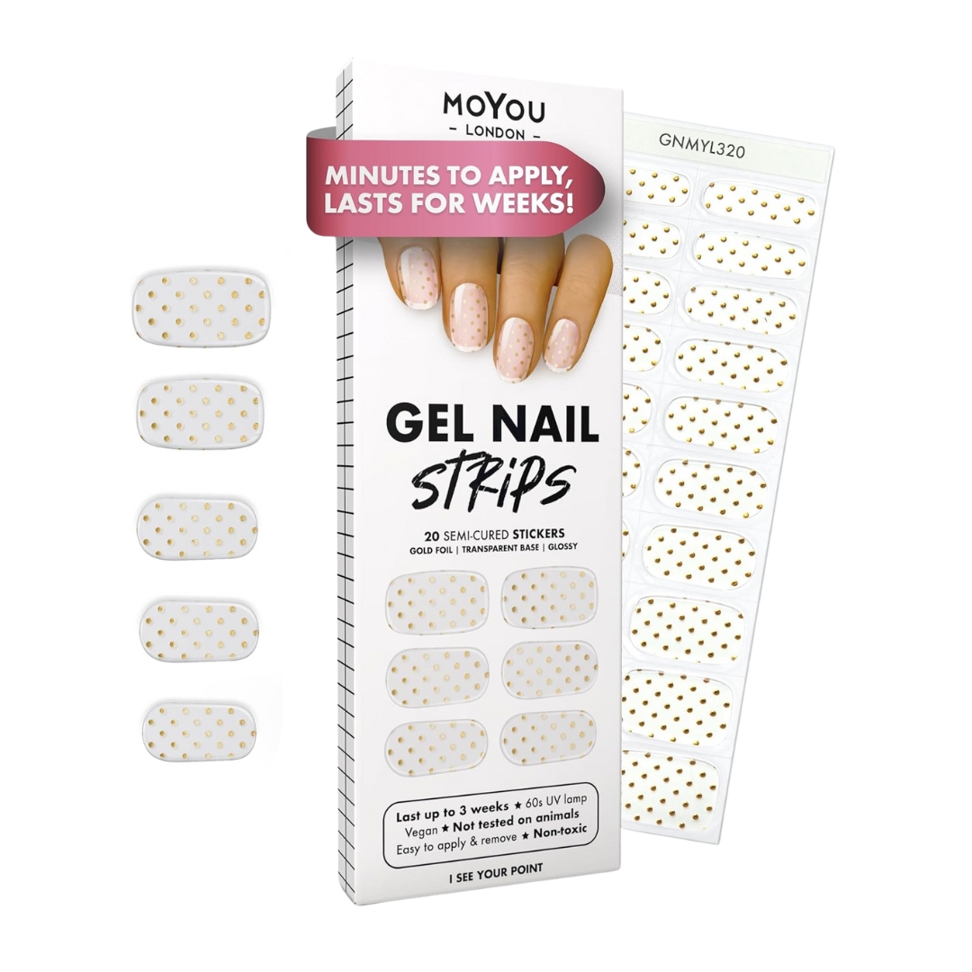 MOYOU LONDON Semi Cured Gel Nail Strips with gold polka dots