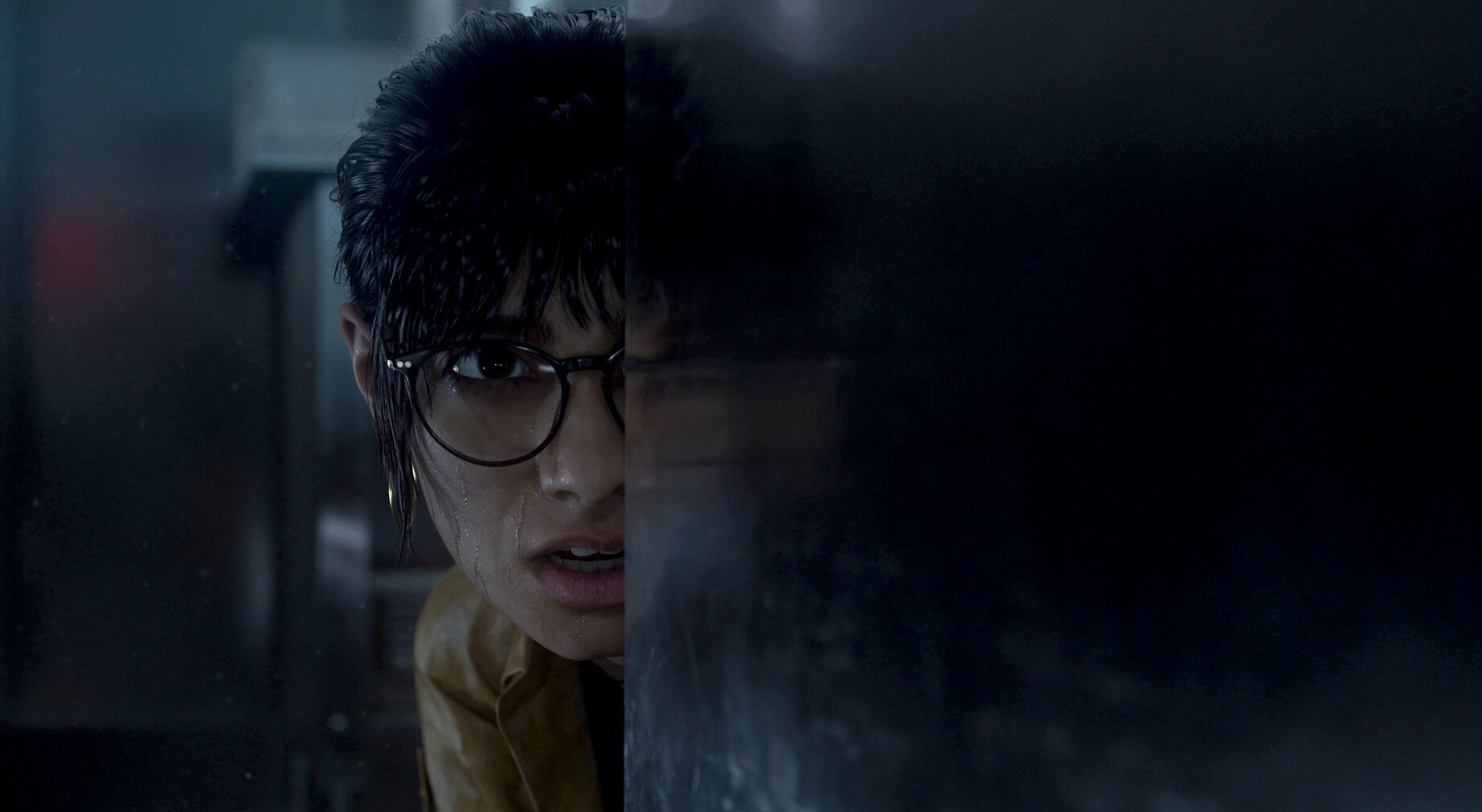 Jurassic Park: Survival screenshot showing a woman peering out from behind a stainless steel counter