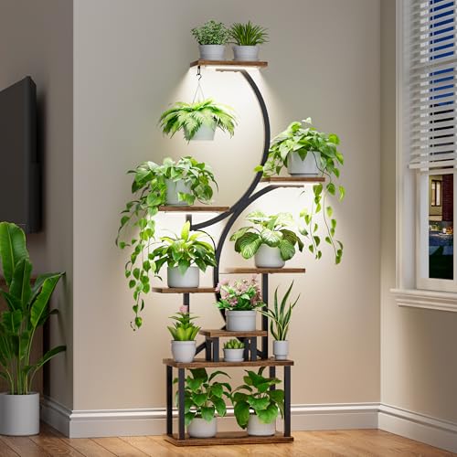Plant Stand Indoor With Grow Lights - 62&quot; Tall Plant Shelf, Lighted Corner Plant Stands for Indoor Growing, 8 Tiered Large Flower Holder, S-Shaped Decorative Rack for Living Room, Black, Patent Design