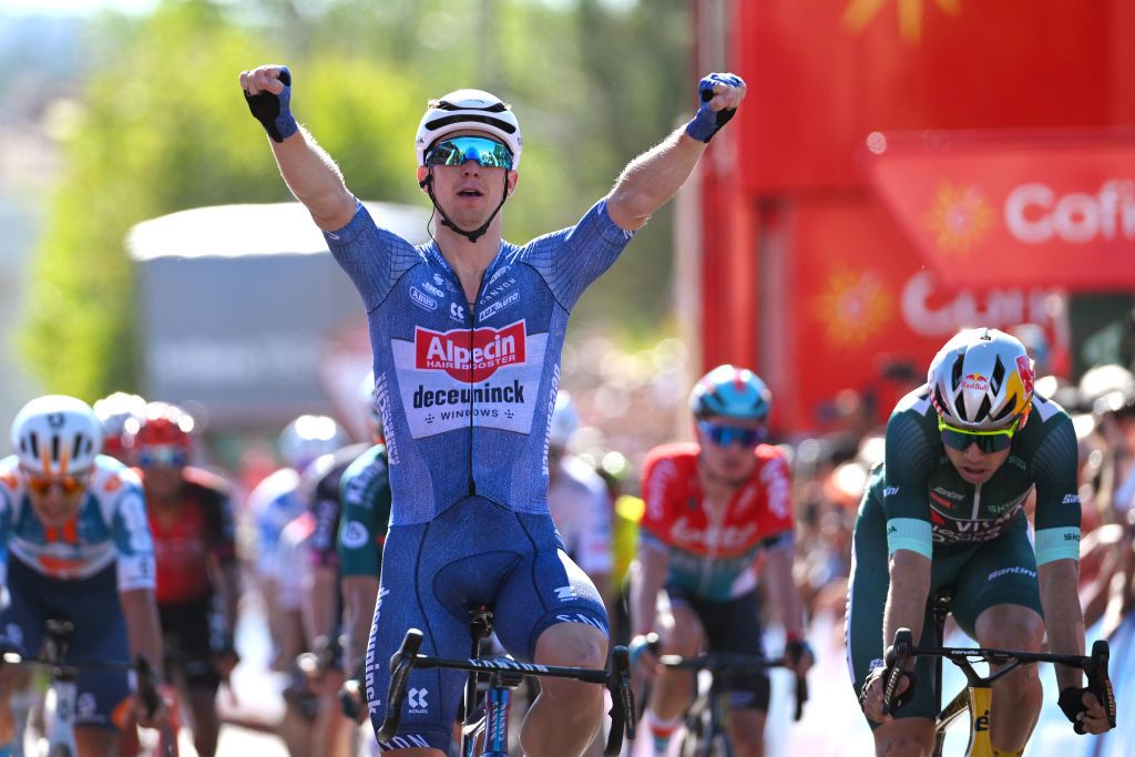 OUREM PORTUGAL AUGUST 18 LR Kaden Groves of Australia and Team Alpecin Deceuninck celebrates at finish line as stage winner ahead of Wout van Aert of Belgium and Team Visma Lease a Bike Green Points Jersey during the 79th La Vuelta Ciclista a Espana 2024 Stage 2 a 194km stage from Cascais to Ourem UCIWT on August 18 2024 in Ourem Portugal Photo by Tim de WaeleGetty Images