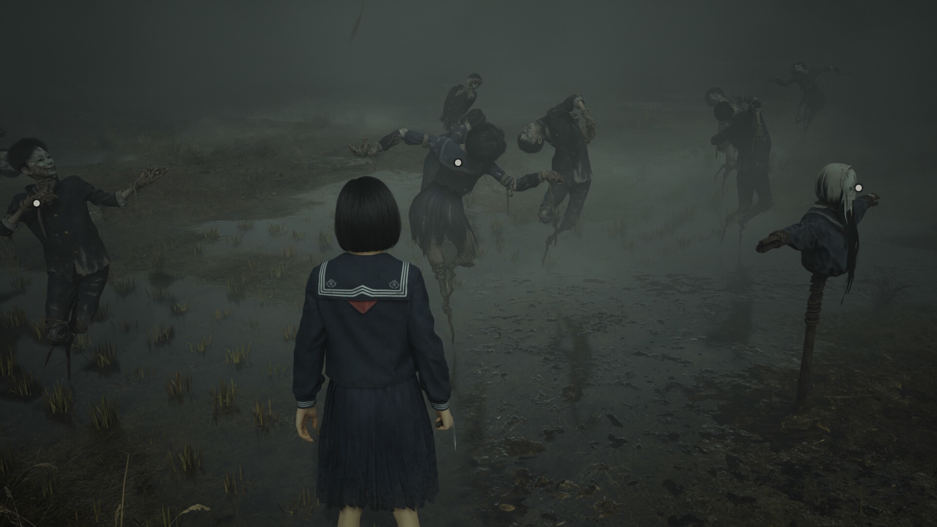 Hinako stands in front of several scarecrows in Silent Hill f dressed in school uniforms
