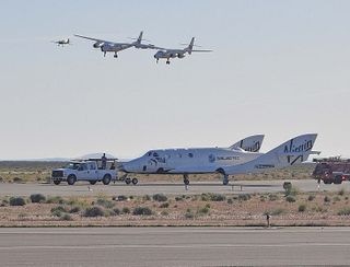 Photojournalist Bill Deaver snapped this photo of Virgin Galactic's first SpaceShipTwo spaceliner on the runway after its fifth glide test flight on April 22, 2011 at the Mojave Air and Space Port in California.