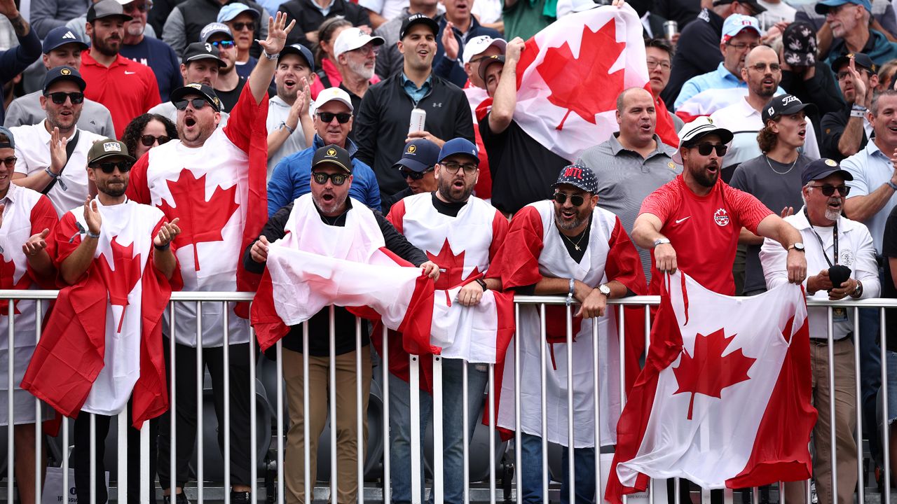 Fans cheer in the stands during Friday&#039;s Foursome matches on day two of the 2024 Presidents Cup at The Royal Montreal Golf Club on September 27, 2024 in Montreal, Quebec, Canada.