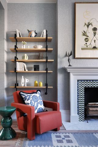 Living room with simple shelves built into alcove