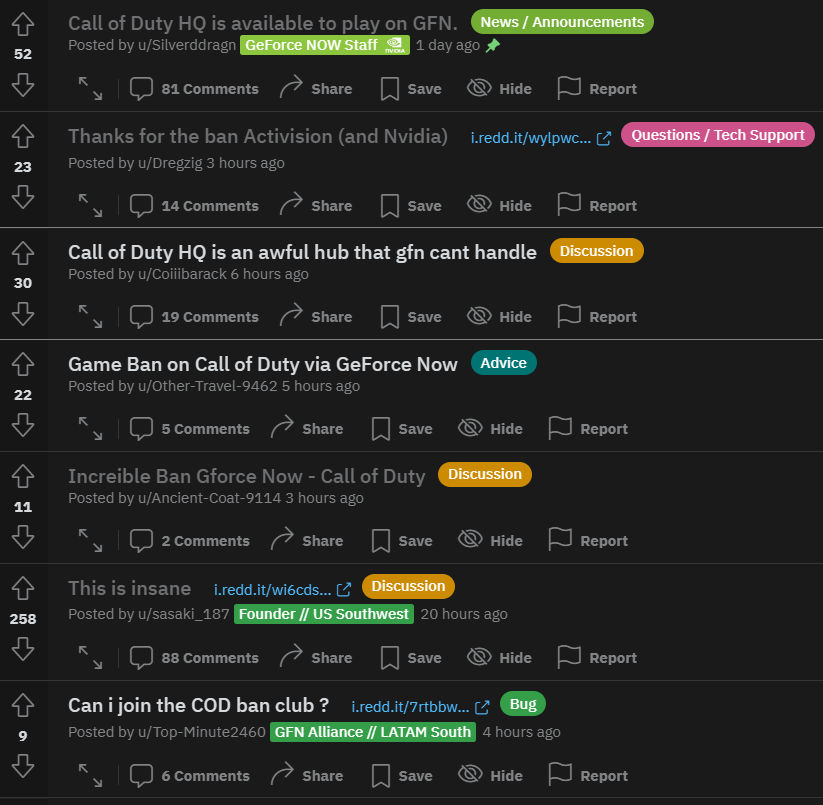 Ein Screenshot von Reddit-Threads, die sich darüber beschweren, dass NVIDIA GeForce Sperren in Call of Duty verursacht.