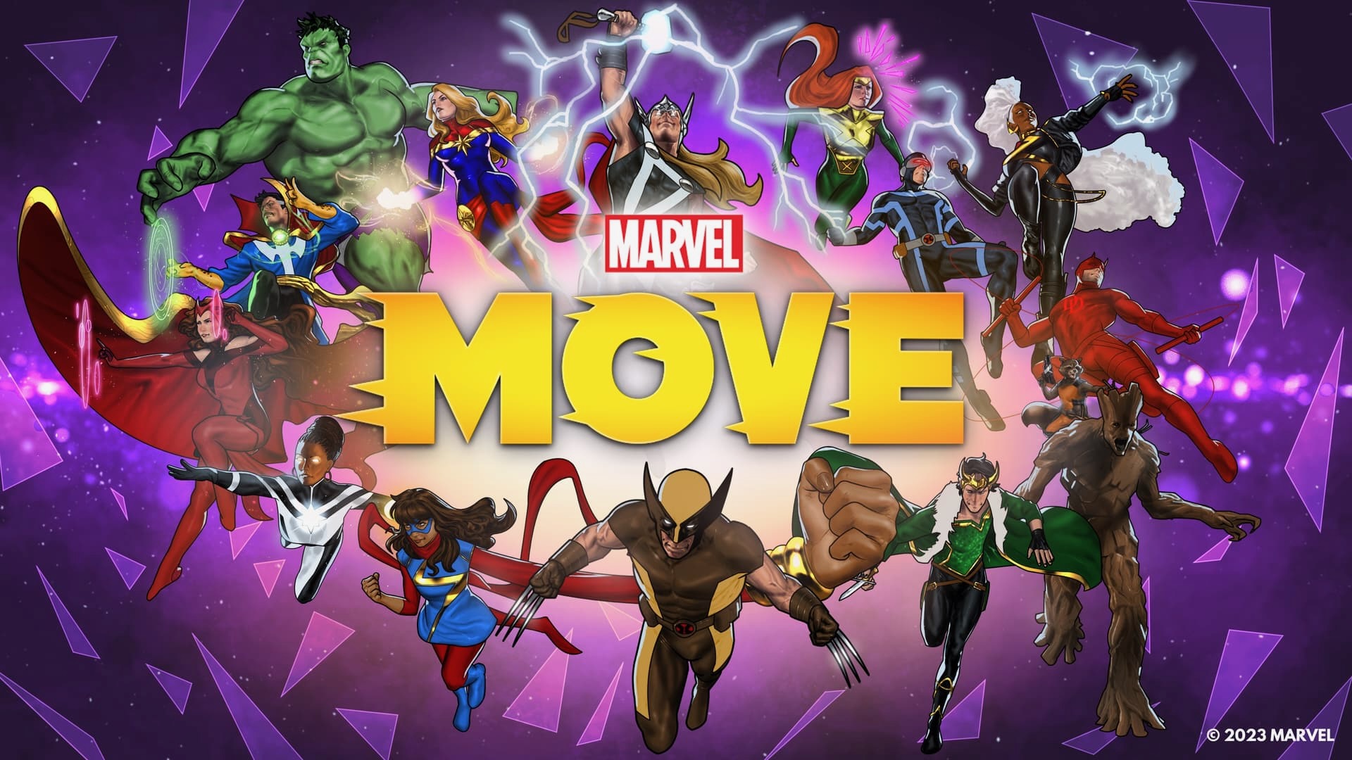 A promo image for ZRX's Marvel Move, showing famous Marvel heroes like Thor, the Hulk, Wolverine, Storm, Groot, Captain Marvel, Scarlet Witch, and Doctor Strange.