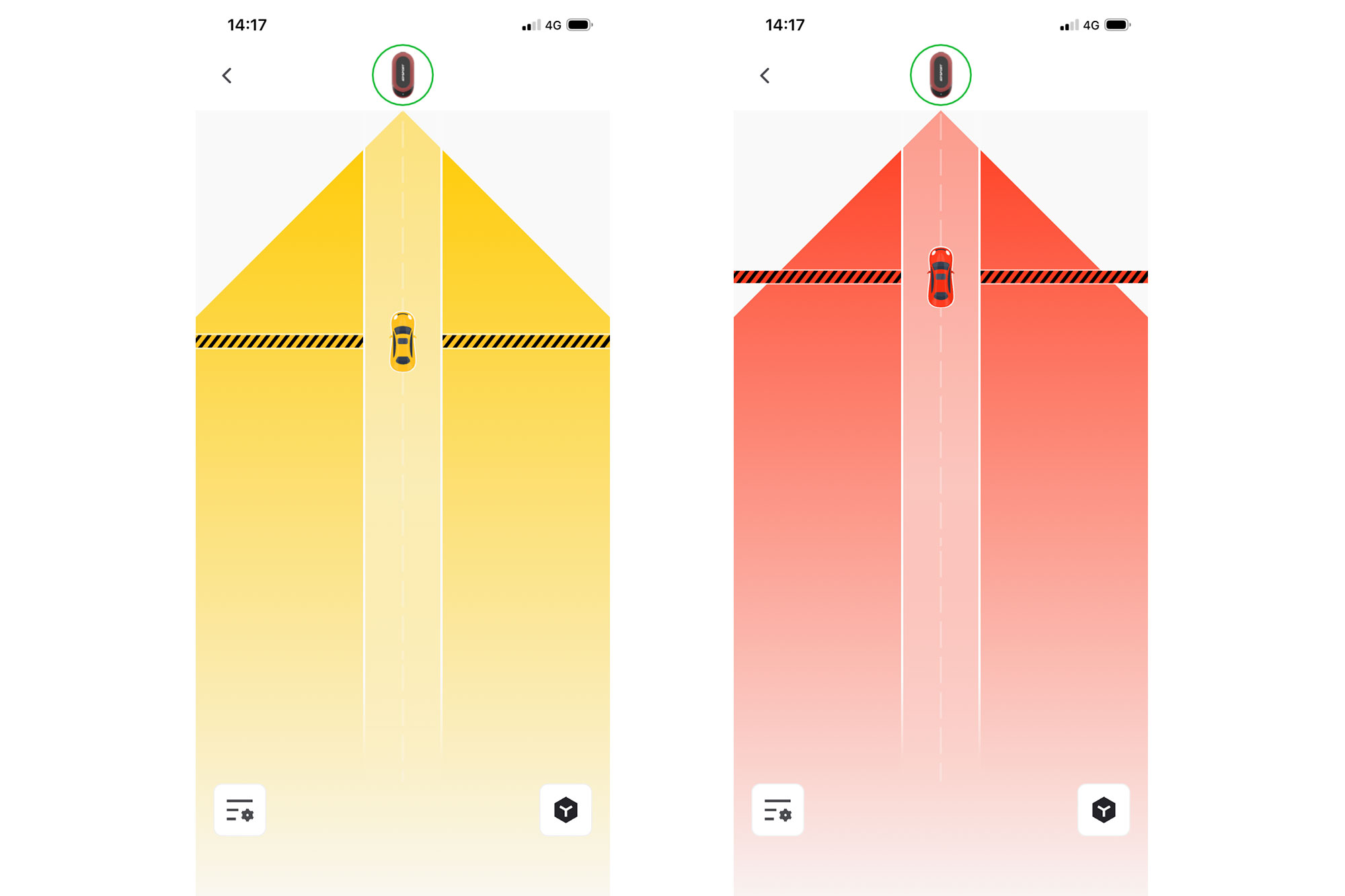 iGPSport app radar screens, showing medium and high level threats