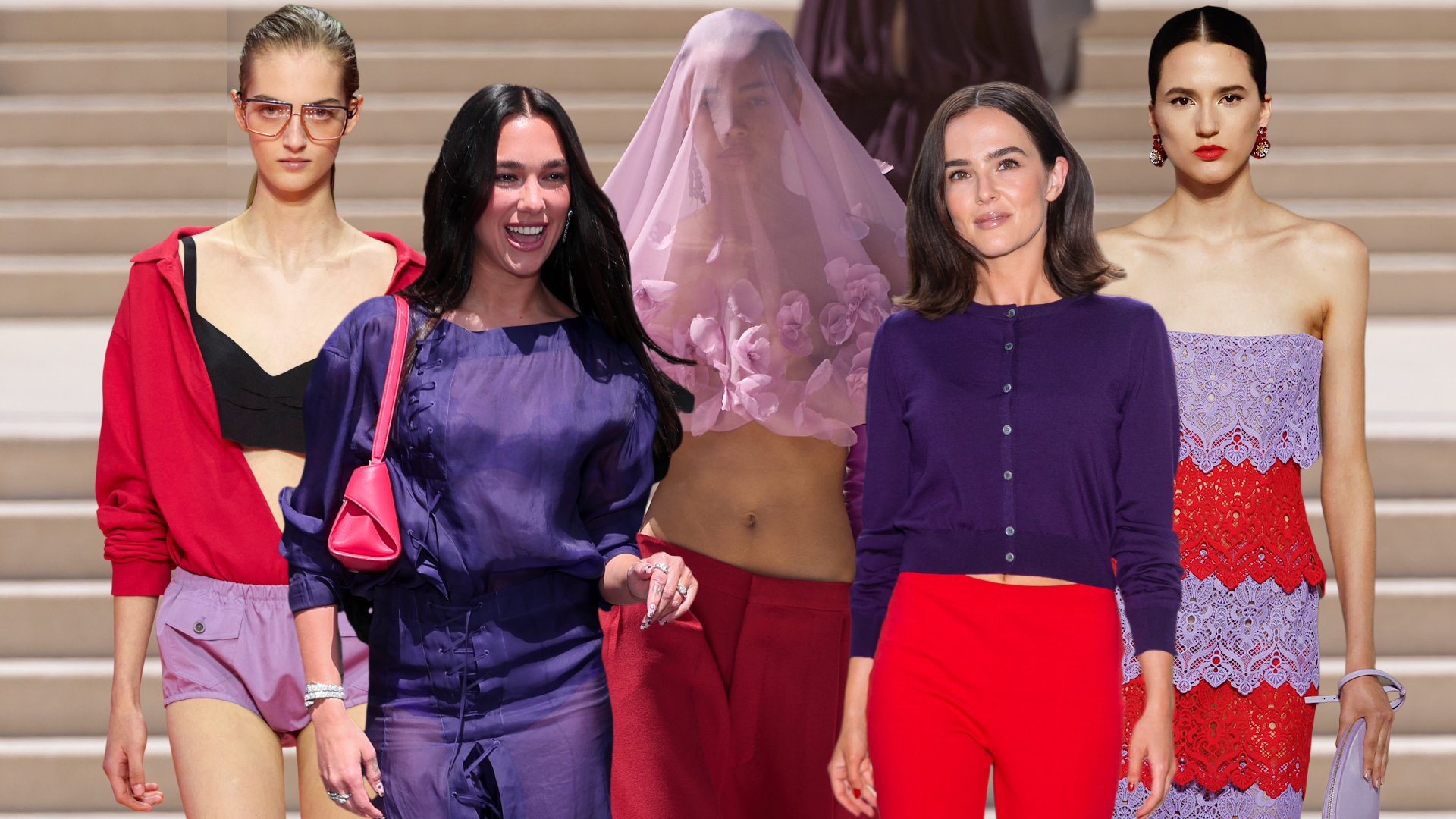 collage of celebrities and models wearing the grape purple and strawberry red color combination for summer