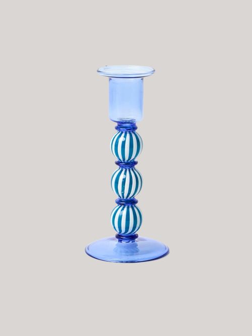 Striped Ball Blue Glass Candlestick Holder 