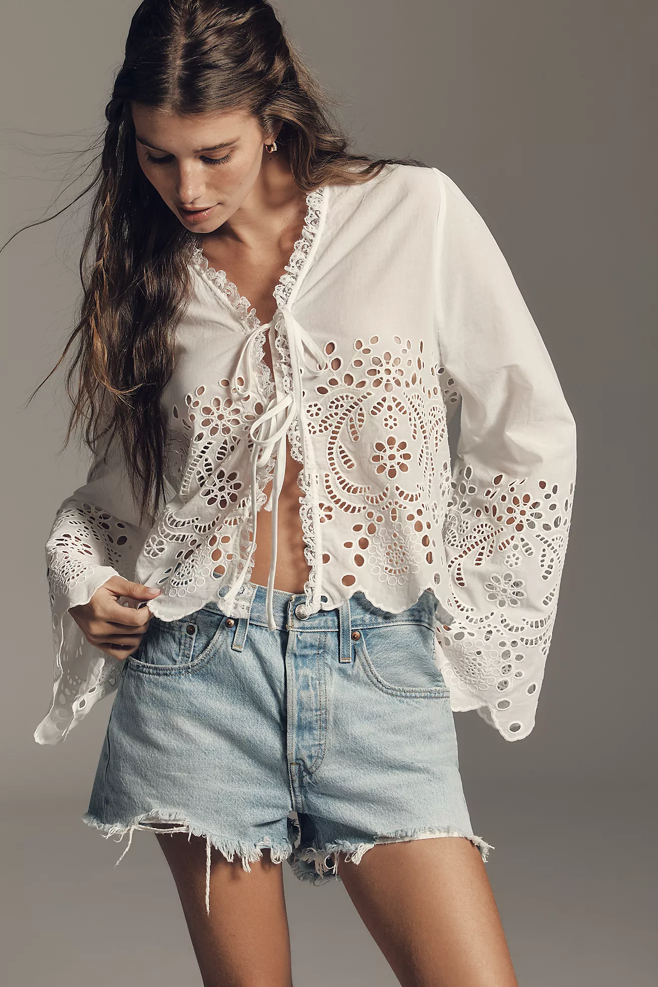 By Anthropologie Eyelet Tie-Front Blouse