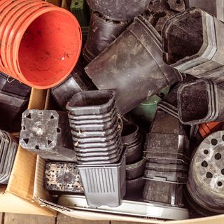 Pile of old plastic plant pots in cardboard box