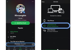 Screenshots of the Spotify app using Spotify Connect to stream to a MacBook Pro