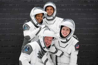 The four civilian astronauts of SpaceX's Inspiration4 mission pose for a group portrait during a dress rehearsal of their planned launch from NASA's Kennedy Space Center Launch Complex 39A on Sept. 15, 2021.