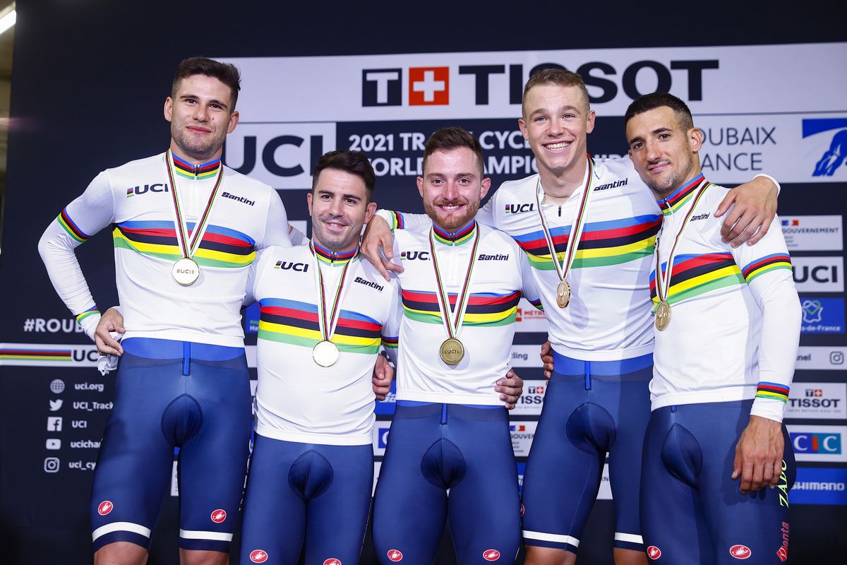 2021 UCI Track World Championship Day 2 - Roubaix France - Men&acirc;s Time Pursuit - 21/10/2021 - Johnatan Milan - Liam Bertazzo - Filippo Ganna - Simone Consonni (ITA) - photo Luca Bettini/BettiniPhoto&Acirc;&copy;2021