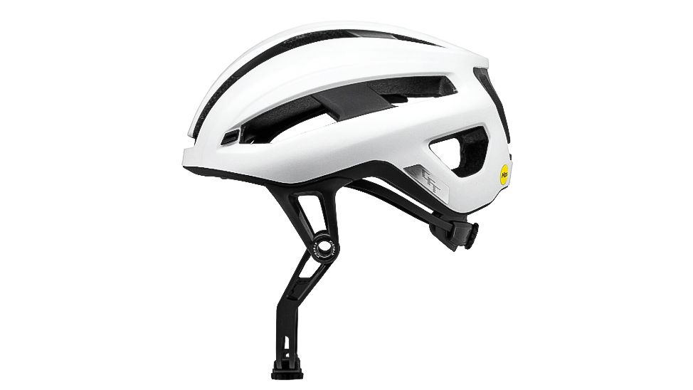 The all new Canyon Disruptr CFR helmet in white side on showing the highbar fit system