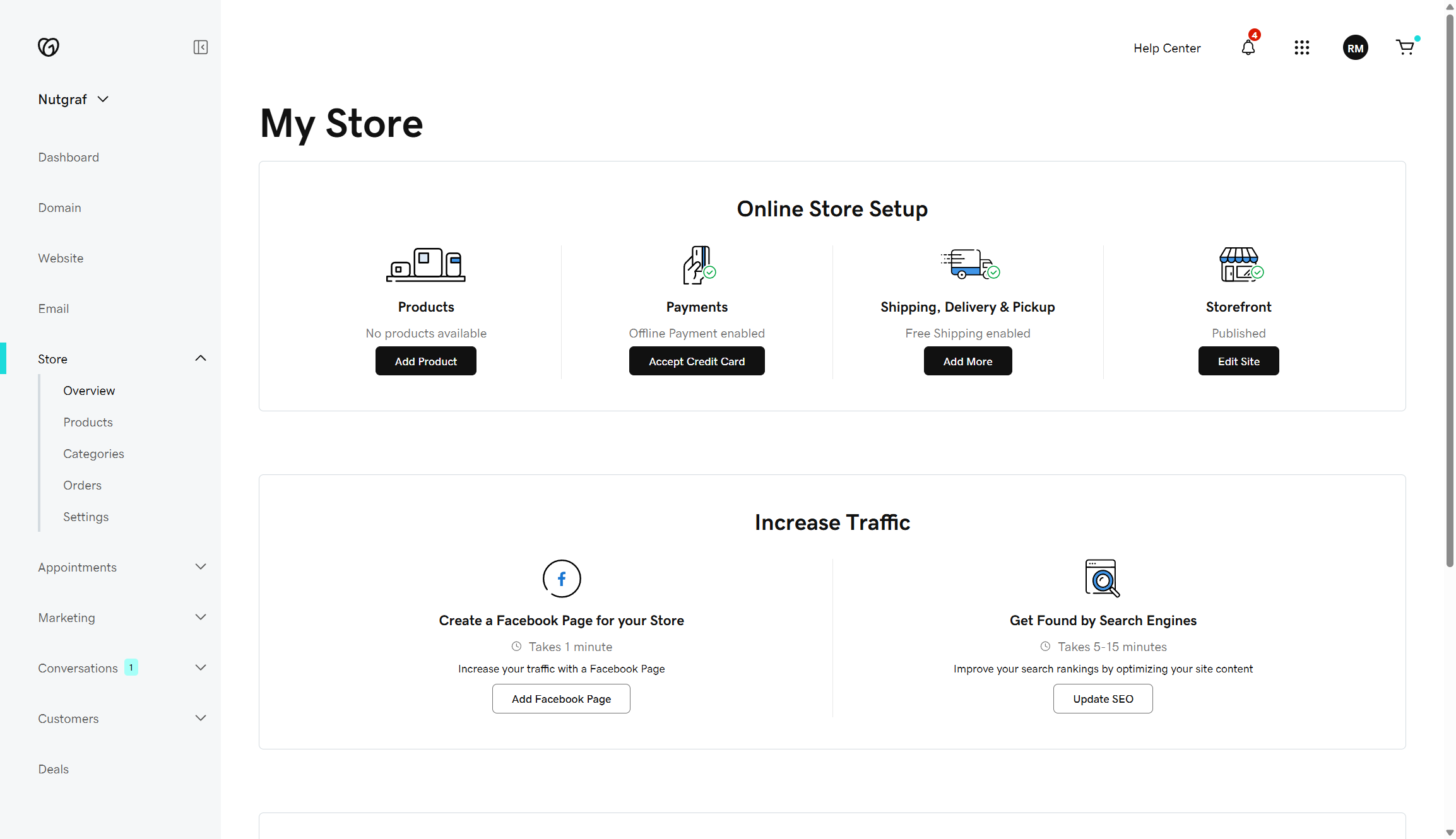 Screenshot of GoDaddy online store set up page, it offers four ways to start selling with icons to highlight each.