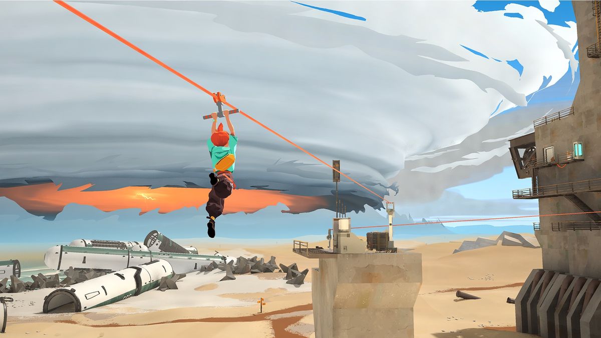 Caravan SandWitch scene showcasing cartoony art style amid stark, yet vibrant deserts with decaying technology and structures visible