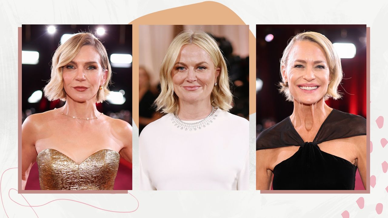 Collage of Rhea Seehorn, Amy Poehler and Robin Wright at the 2026 Golden Globes, on a white marble background with pink and orange graphics