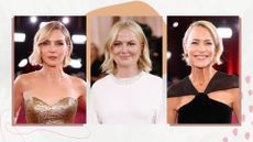 Collage of Rhea Seehorn, Amy Poehler and Robin Wright at the 2026 Golden Globes, on a white marble background with pink and orange graphics