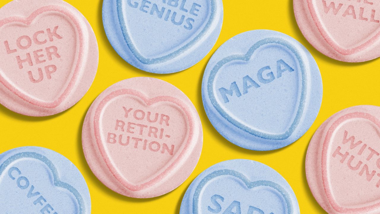 Candy hearts with Trump phrases