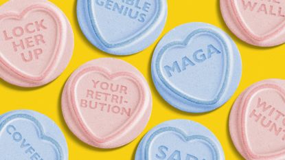 Candy hearts with Trump phrases