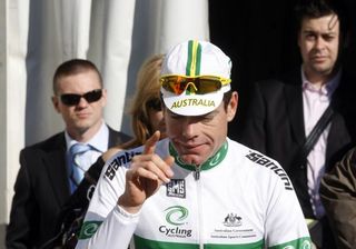 Cadel Evans (Australia) waves to the fans at the start.