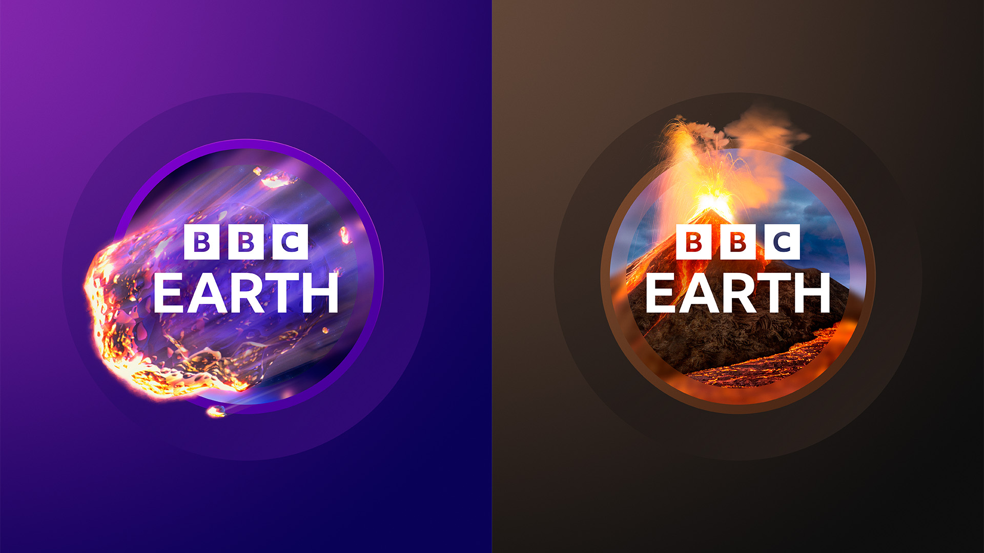 BBC Earth logos featuring a meteor and an erupting volcano