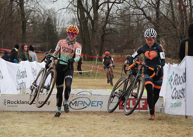 Kathryn Cumming (Jalapeno Cycling) and Emily Werner (Amy D. Foundation) take the barriers in their stride