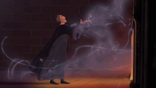 Frollo sings in front of a fireplace in Hunchback of Notre Dame