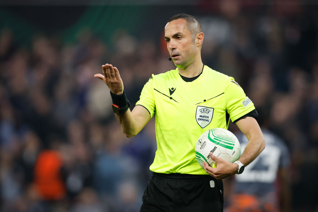 Referee Marco Guida from Italy during the UEFA Europa Conference League 2023/24 Semi-Final first leg match between Aston Villa and Olympiacos FC at Villa Park on May 2, 2024 in Birmingham, England.(Photo by James Baylis - AMA/Getty Images)