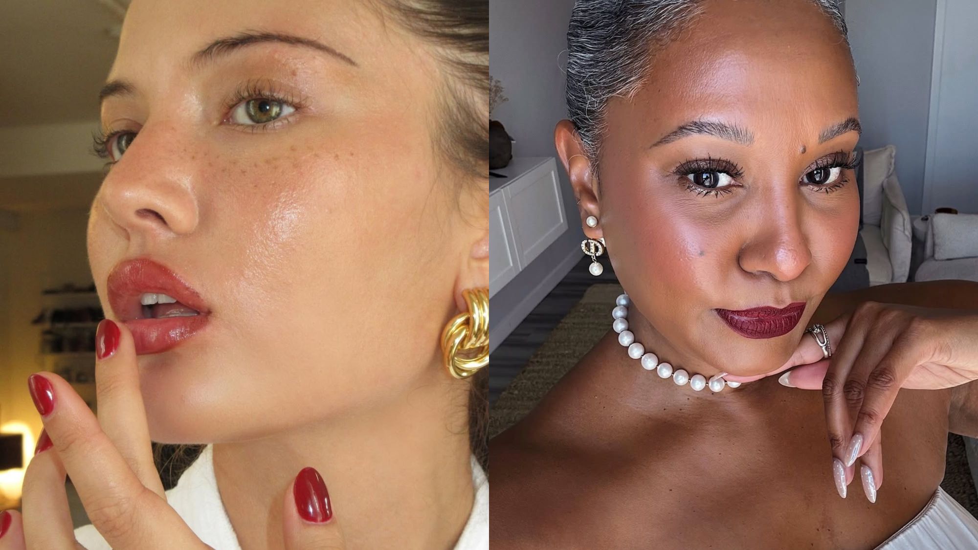 An image of two women touching up their lipstick.