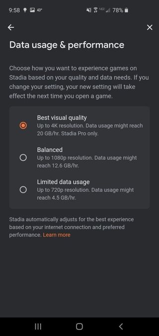 Stadia Limit Data Usage Android