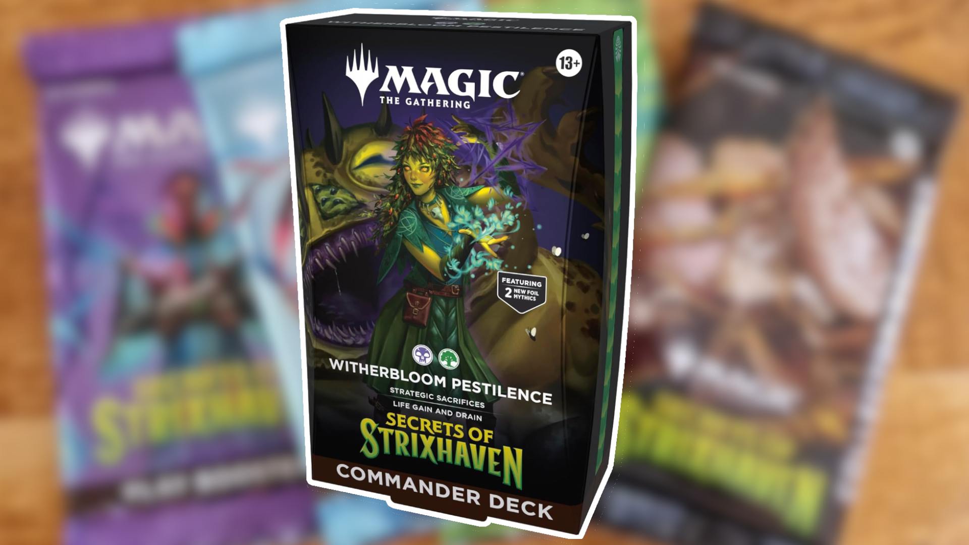 Witherbloom Pestilence deck box against a blurred collection of MTG Secrets of Strixhaven booster packs