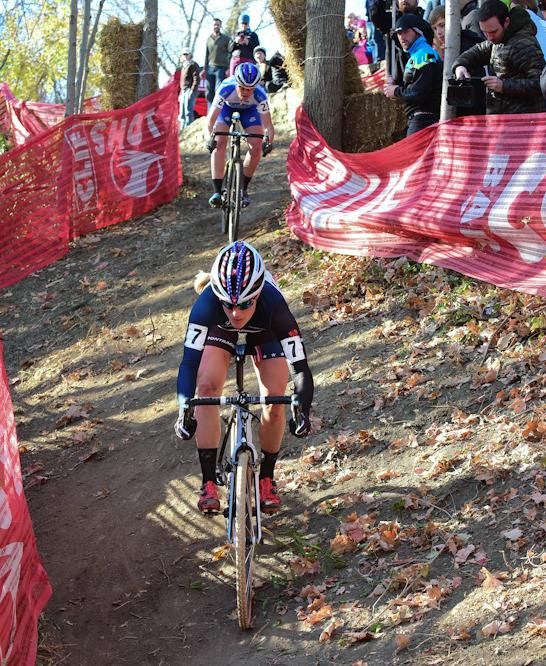 Katie Compton (Trek Factory Team) making use of her excellent mountain biking skills with Georgia Gould in pursuit