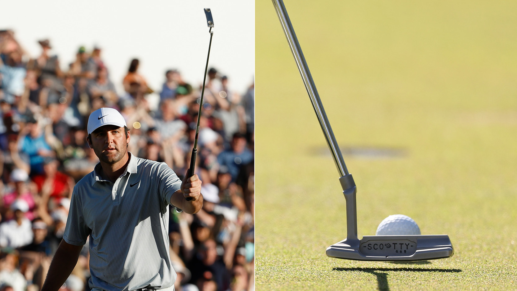 Scottie Scheffler raises his putter in the air, with the putter also set-up behind a golf ball at address