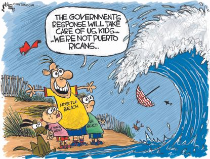 Political cartoon U.S. Hurricane Florence Puerto Rico FEMA Trump response