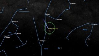 An illustration of the night sky on Feb. 10 showing the green comet C/2022 E3 (ZTF) close to Mars and the Taurus constellation.